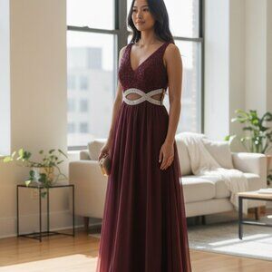 (D-101)Speechless Burgundy Long Evening Gown Size 5 Sleeveless Rhinestone Waist
